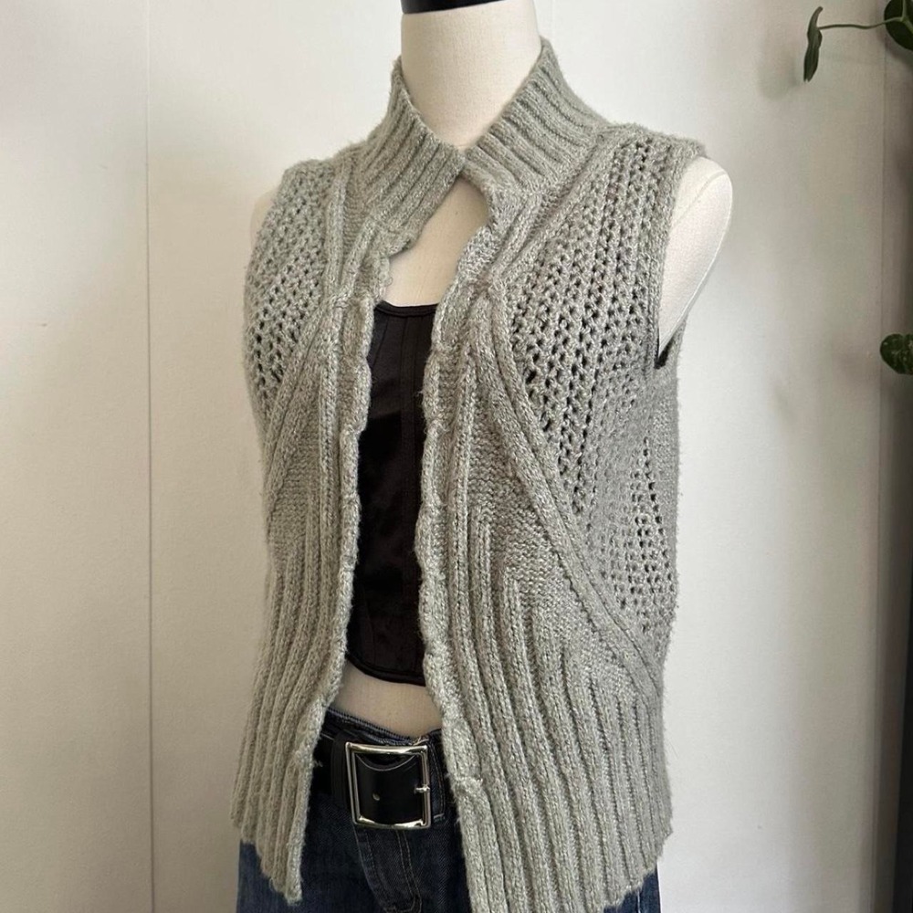 J Jill Womens Extra Small Grey Cable Knit Mock Neck Open Front Sweater Vest